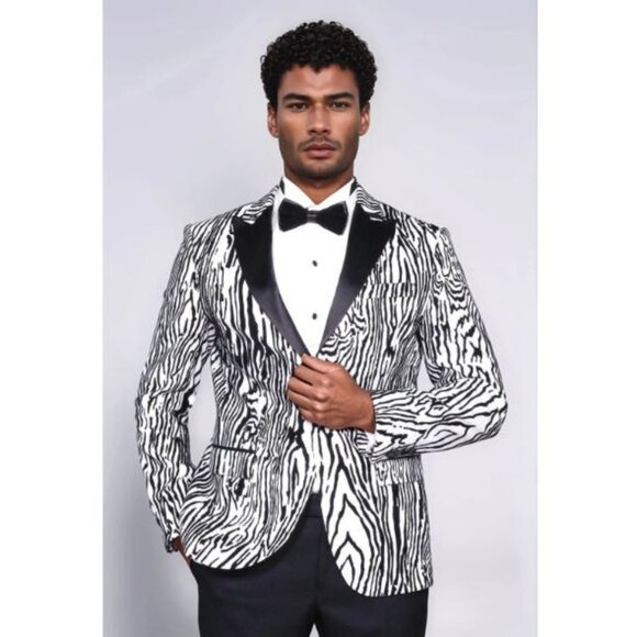 NWT Slim Fit Zebra Patterned White Men Prom Blazer - Wessi 44 - Picture 1 of 9